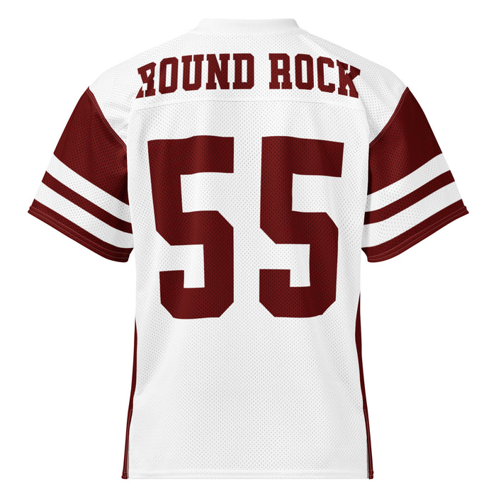 White football jersey with maroon lettering and numbers, featuring 'ROUND ROCK' and the number '55' on the back, with maroon and white striped sleeves.