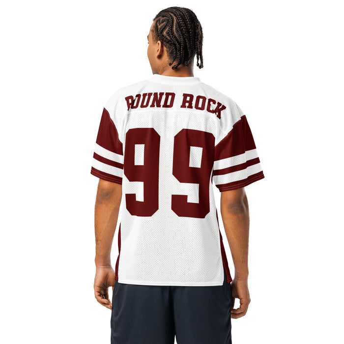 Back view of man wearing Round Rock High School Dragons Football Jersey 99