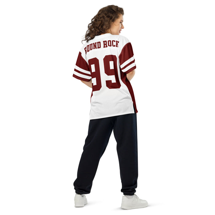 Back view of woman wearing Round Rock High School Dragons Football Jersey 99