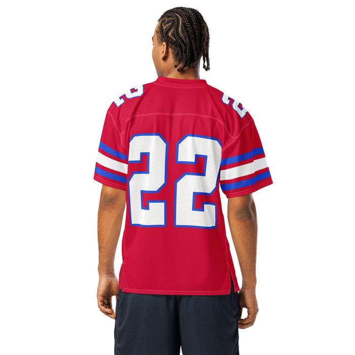 Back view of man wearing Sam Houston High School Texans Football Jersey 22