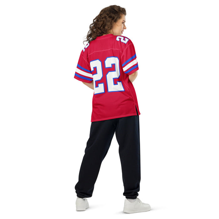Back view of woman wearing Sam Houston High School Texans Football Jersey 22