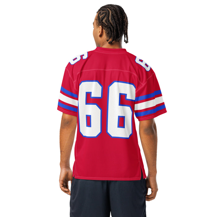 Back view of man wearing Sam Houston High School Texans Football Jersey 66