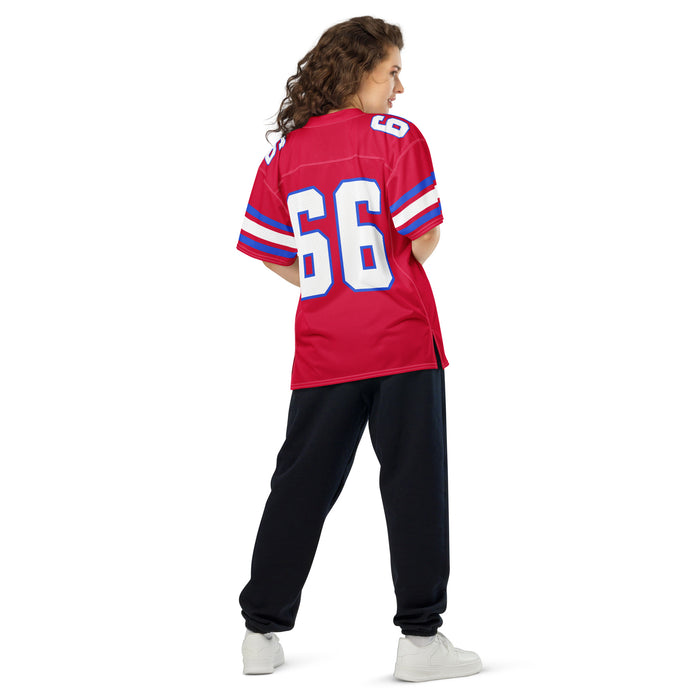 Back view of woman wearing Sam Houston High School Texans Football Jersey 66
