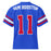 A royal blue short-sleeve football jersey shown from the back, featuring 'SAM HOUSTON' in white block letters across the shoulders and the number '11' in red with white outlines. The sleeves have red and white stripes. Sam Houston High School Texans Football Jersey 11