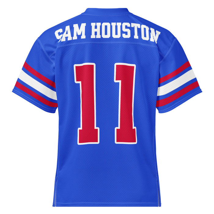 A royal blue short-sleeve football jersey shown from the back, featuring 'SAM HOUSTON' in white block letters across the shoulders and the number '11' in red with white outlines. The sleeves have red and white stripes. Sam Houston High School Texans Football Jersey 11