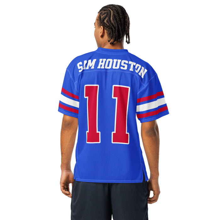 A man viewed from the back wearing a royal blue football jersey with 'SAM HOUSTON' and the number '11' in red with white outlines, on a plain white background. Sam Houston High School Texans Football Jersey 11