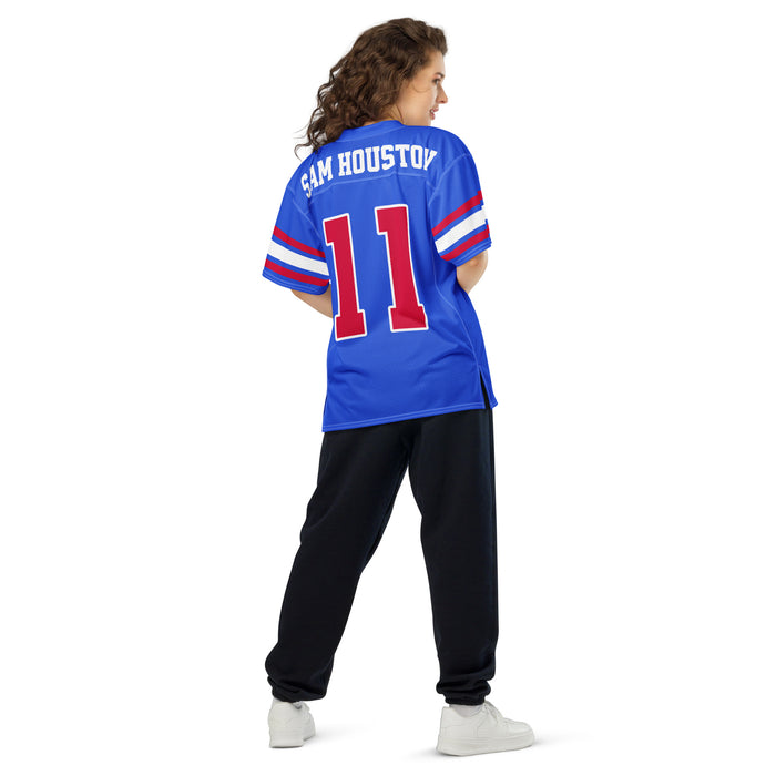 Back view of woman wearing Sam Houston High School Texans Football Jersey 11