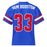 A royal blue short-sleeve football jersey shown from the back, featuring 'SAM HOUSTON' in white block letters across the shoulders and the number '33' in red with a white outline. The sleeves have red and white stripes. Sam Houston High School Texans Football Jersey 33