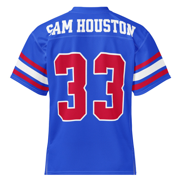 A royal blue short-sleeve football jersey shown from the back, featuring 'SAM HOUSTON' in white block letters across the shoulders and the number '33' in red with a white outline. The sleeves have red and white stripes. Sam Houston High School Texans Football Jersey 33