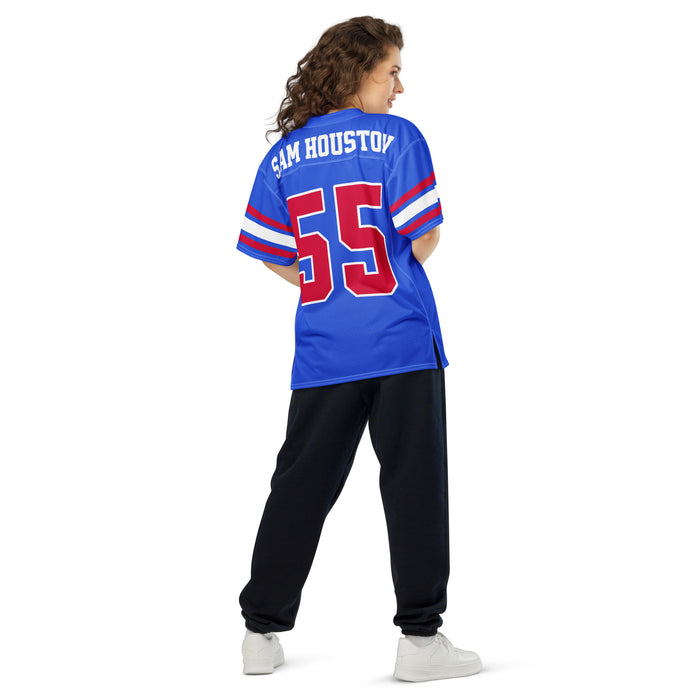 Back view of woman wearing Sam Houston High School Texans Football Jersey 55