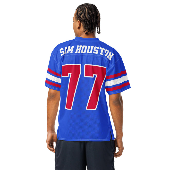 Back view of man wearing Sam Houston High School Texans Football Jersey 77