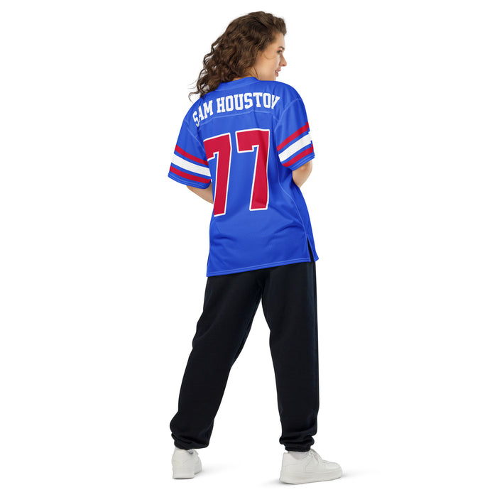 Back view of woman wearing Sam Houston High School Texans Football Jersey 77