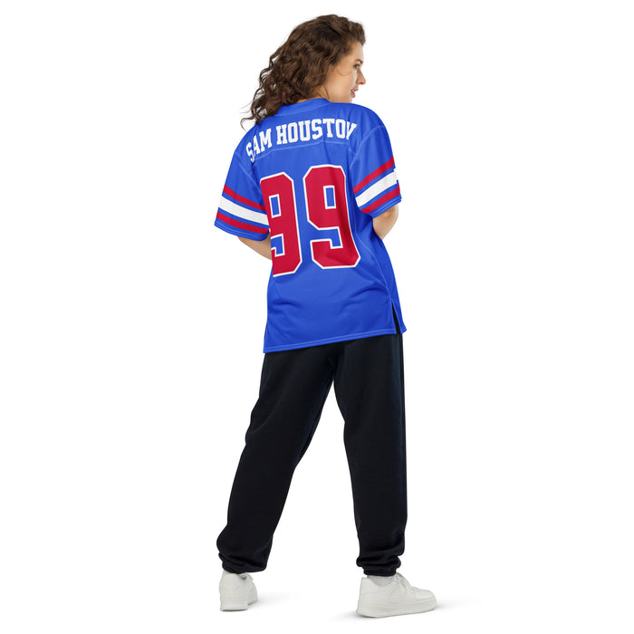Back view of woman wearing Sam Houston High School Texans Football Jersey 99