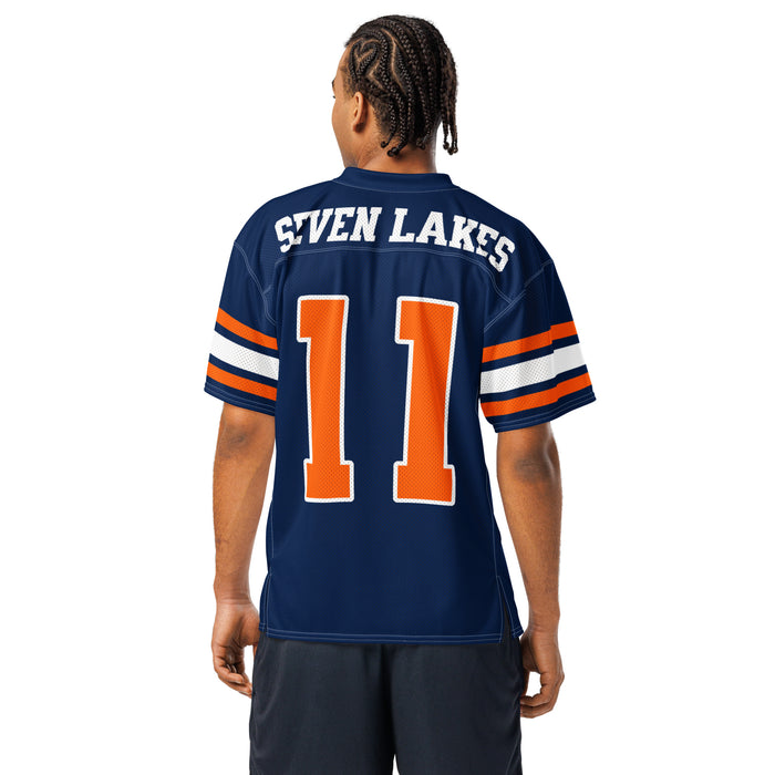 Back view of man wearing Seven Lakes High School Spartans Football Jersey 11