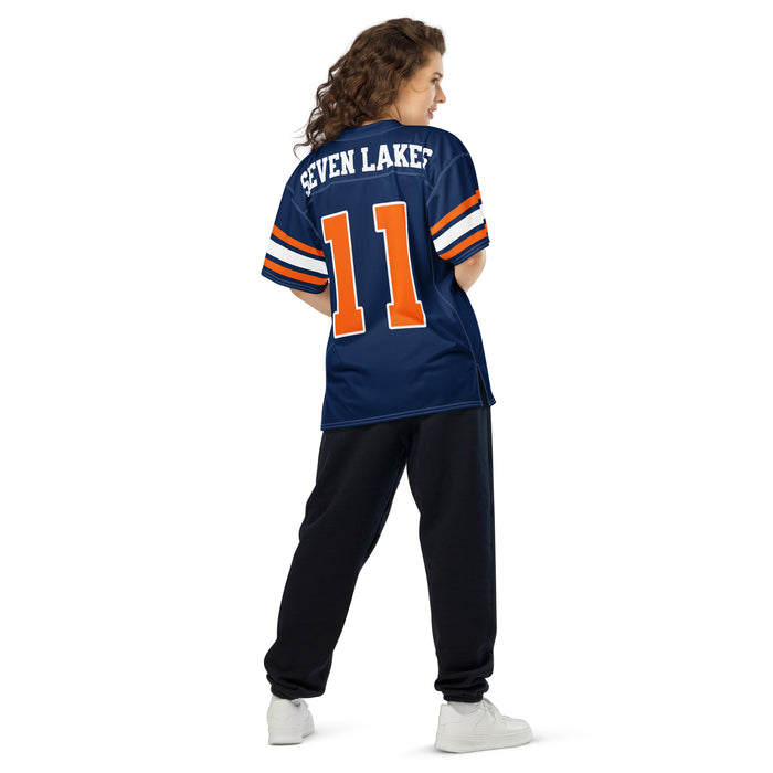 Back view of woman wearing Seven Lakes High School Spartans Football Jersey 11