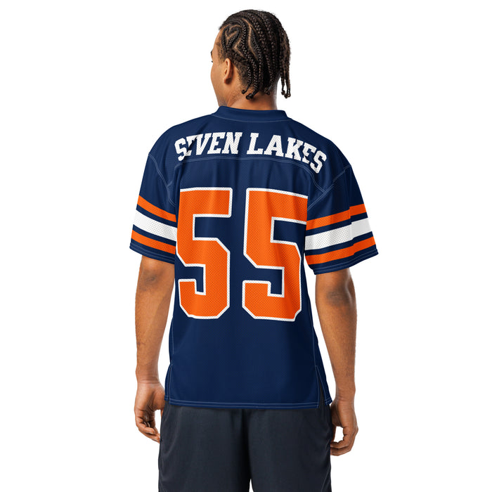 Back view of man wearing Seven Lakes High School Spartans Football Jersey 99