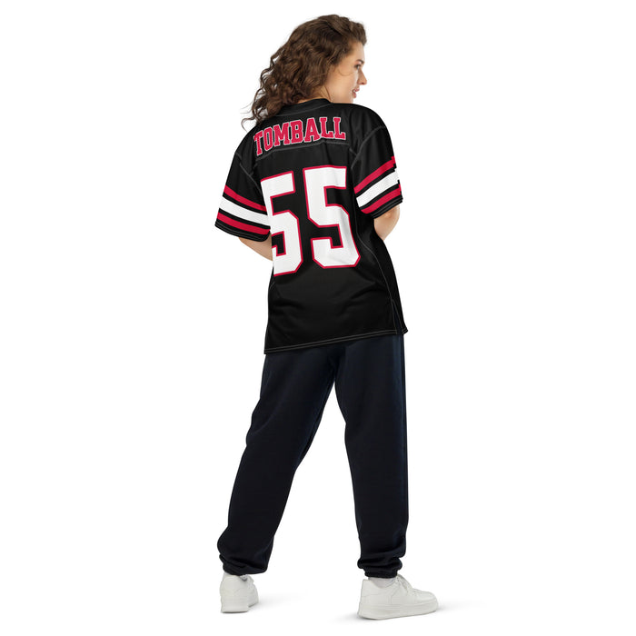 Back view of woman wearing Tomball High School Cougars Football Jersey 55