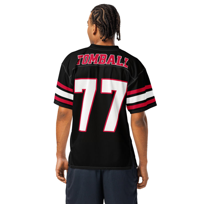 Back view of man wearing Tomball High School Cougars Football Jersey 77