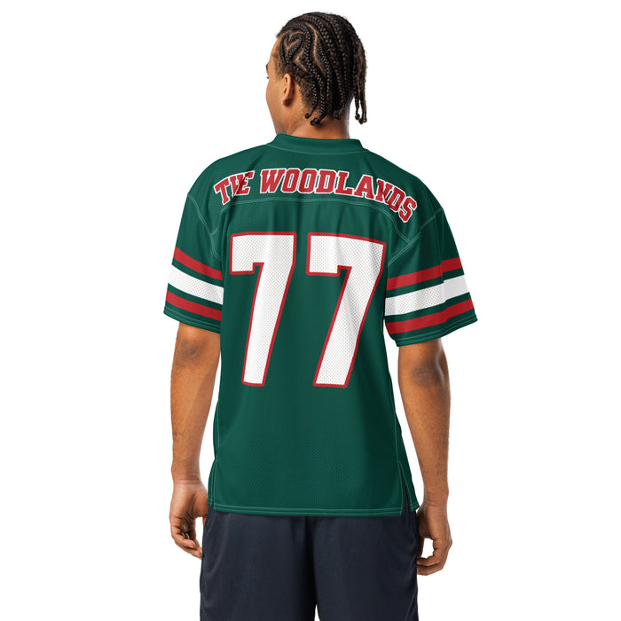 Back view of man wearing The Woodlands High School Highlanders Football Jersey 77