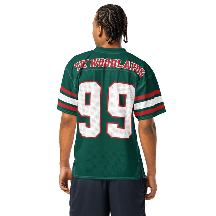 Back view of man wearing The Woodlands High School Highlanders Football Jersey 99