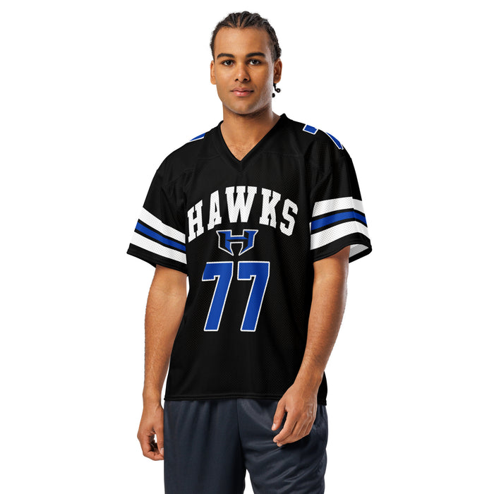 Man wearing Hebron High School Hawks Football Jersey 77