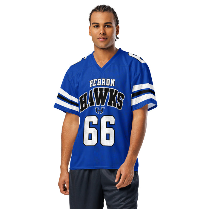 Man wearing Hebron High School Hawks Football Jersey 66