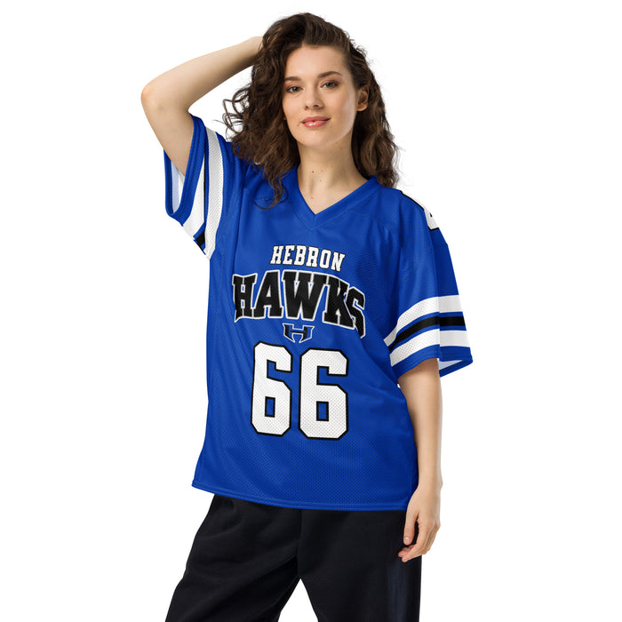 Woman wearing Hebron High School Hawks Football Jersey 66