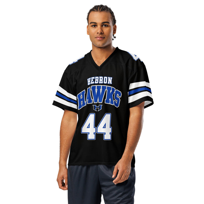 Man wearing Hebron High School Hawks Football Jersey 44