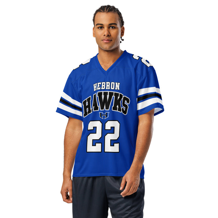 Man wearing Hebron High School Hawks Football Jersey 22