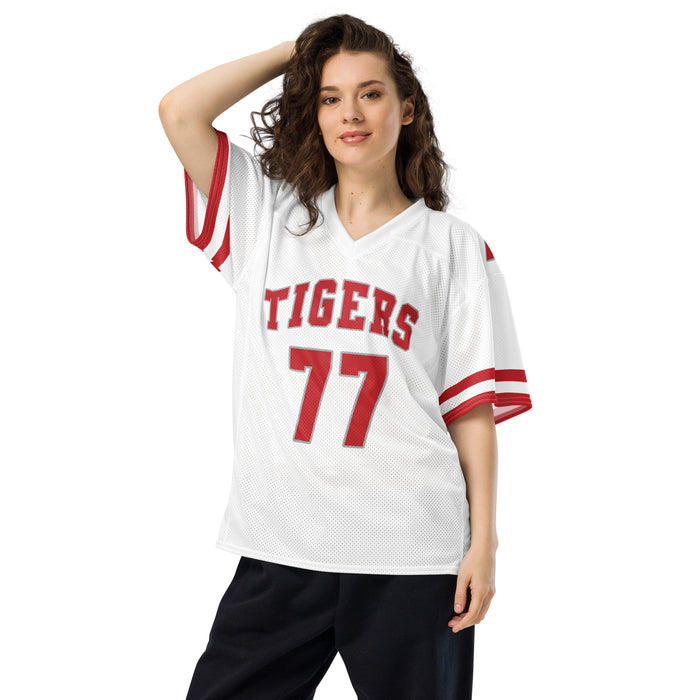 Woman wearing Katy High School Tigers Football Jersey 77