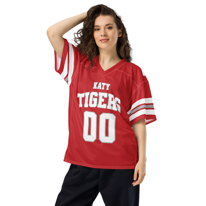 Woman wearing Katy High School Tigers Football Jersey 00