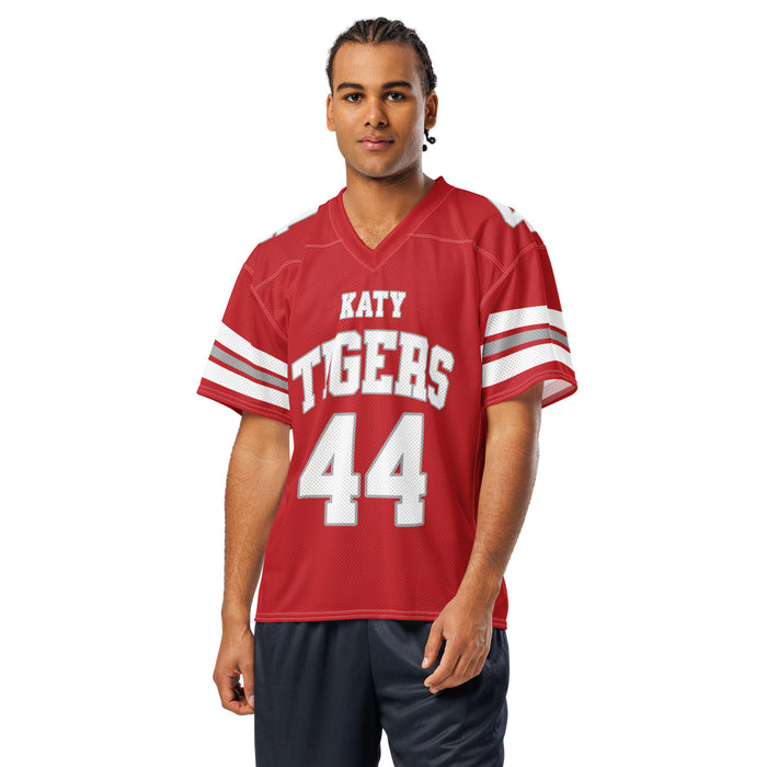 Man wearing Katy High School Tigers Football Jersey 44