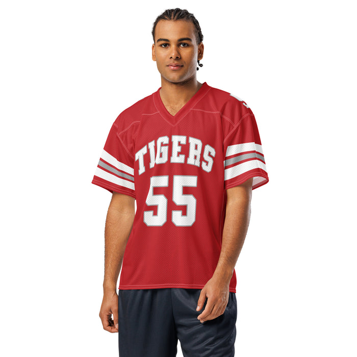 Man wearing Katy High School Tigers Football Jersey 55
