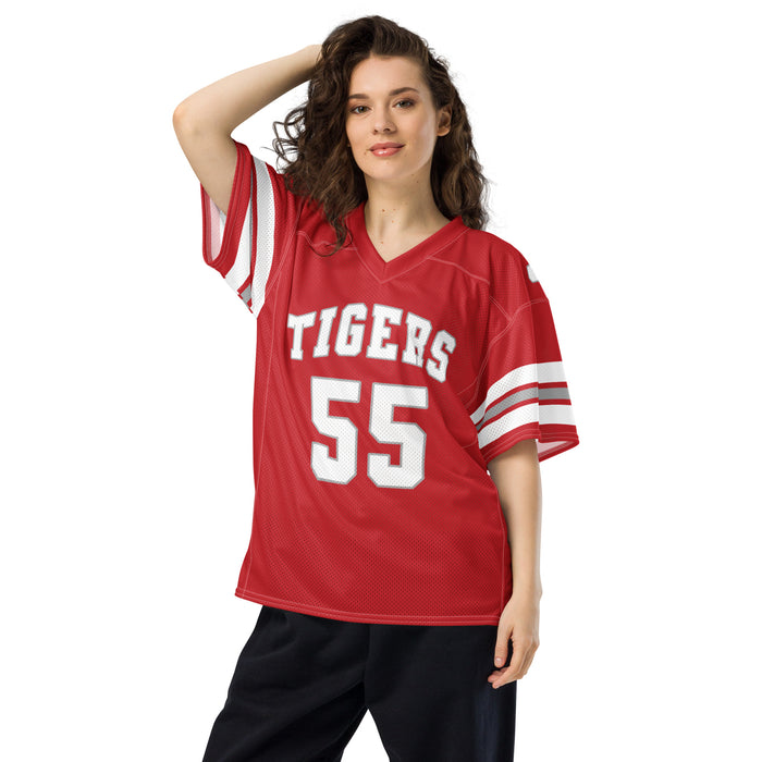 Woman wearing Katy High School Tigers Football Jersey 55