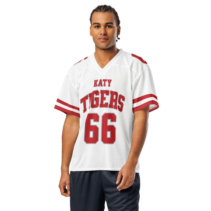Man wearing Katy High School Tigers Football Jersey 66