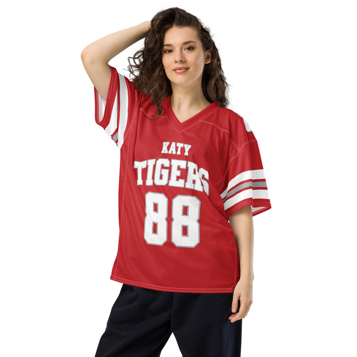 Front view of woman wearing Katy High School Tigers Football Jersey 88