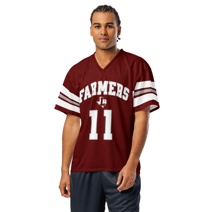 Man wearing Lewisville High School Farmers Football Jersey 11