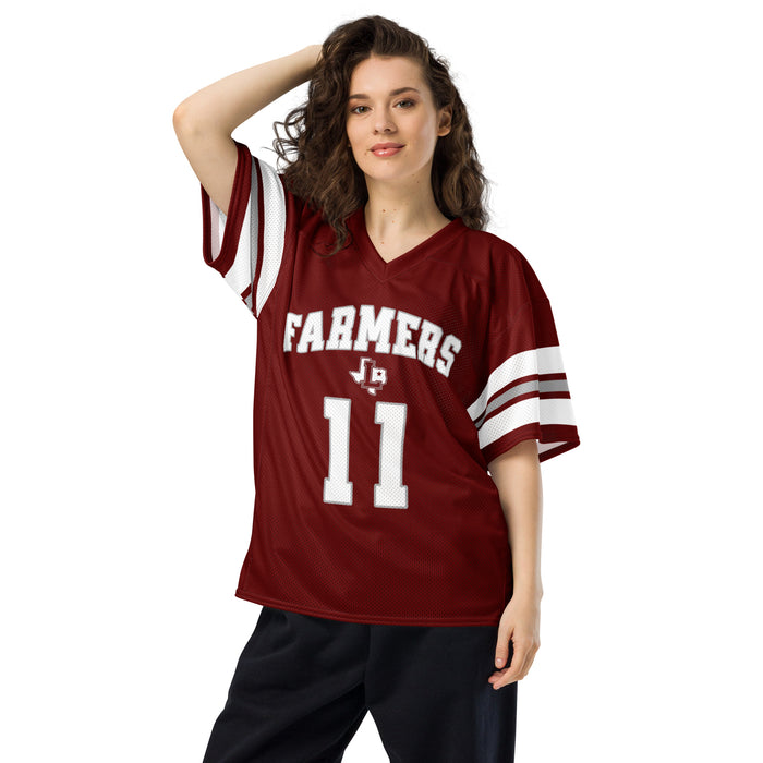 Woman wearing Lewisville High School Farmers Football Jersey 11