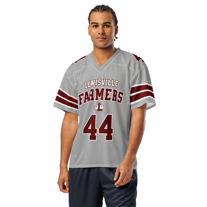 Man wearing Lewisville High School Farmers Football Jersey 44
