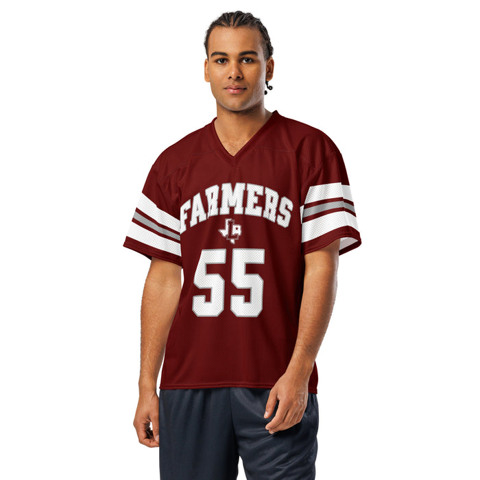 Man wearing Lewisville High School Farmers Football Jersey 55