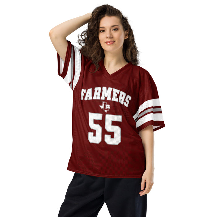 Woman wearing Lewisville High School Farmers Football Jersey 55