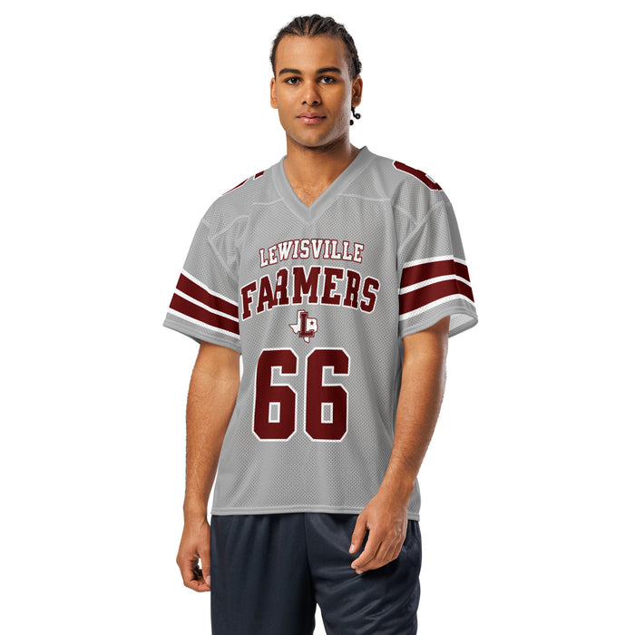 man wearing Lewisville High School Farmers Football Jersey 66