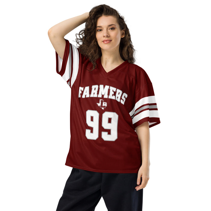 Woman wearing Lewisville High School Farmers Football Jersey 99
