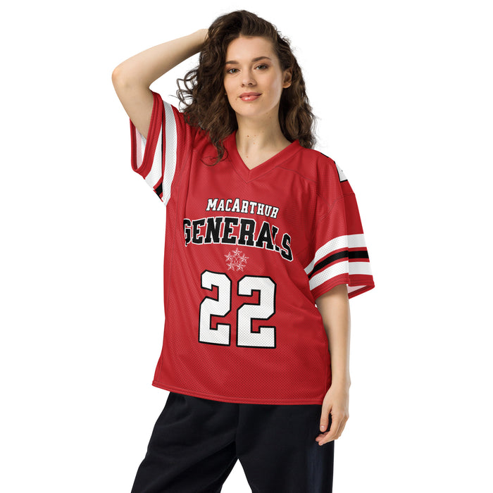 Woman wearing MacArthur High School Generals Football Jersey 22