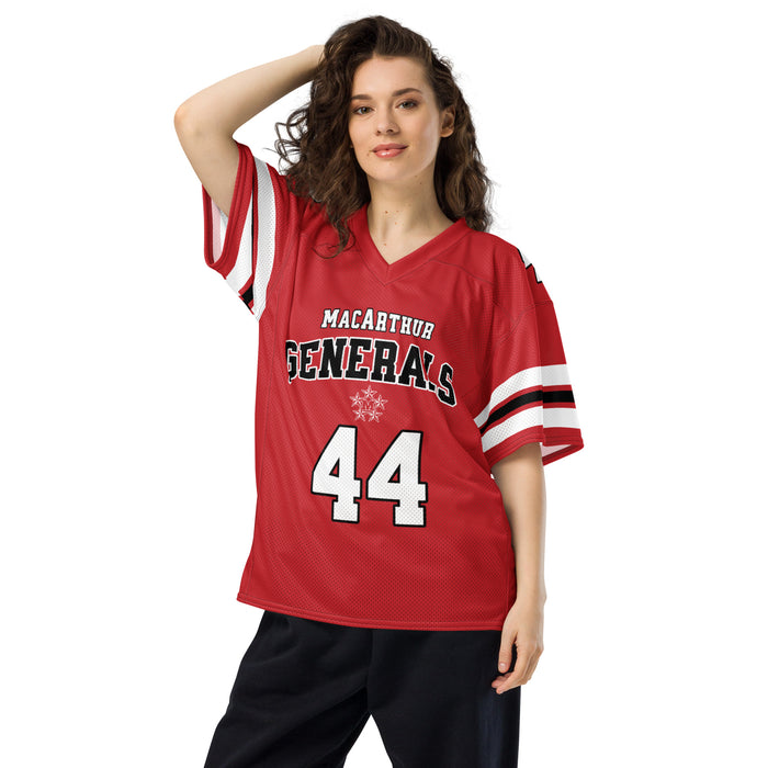 Woman wearing MacArthur High School Generals Football Jersey 44