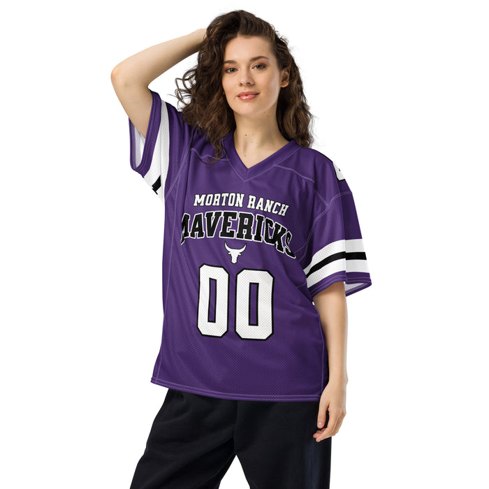 Woman wearing Morton Ranch High School Mavericks Football Jersey 00