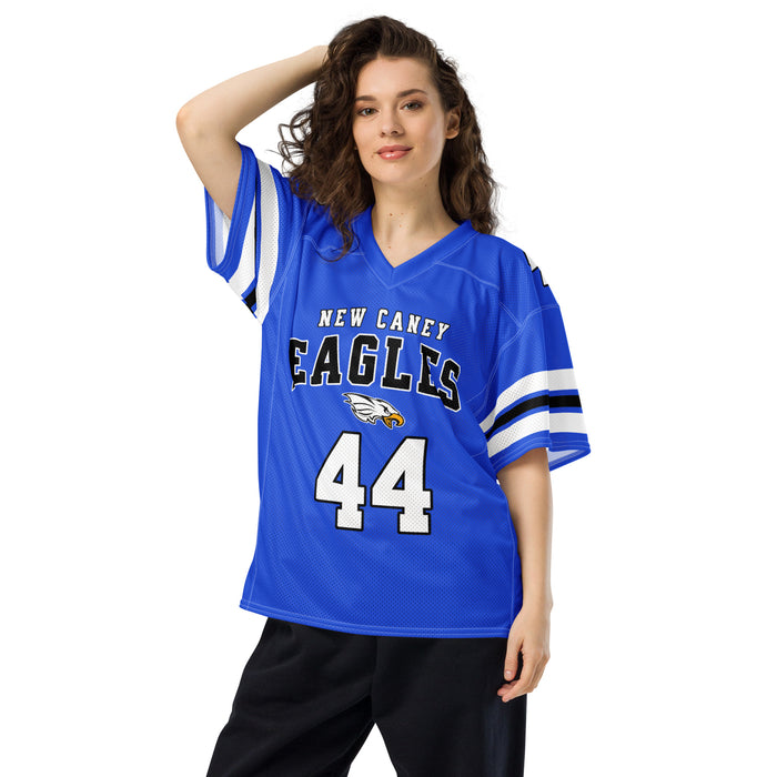 Woman wearing New Caney High School Eagles Football Jersey 44