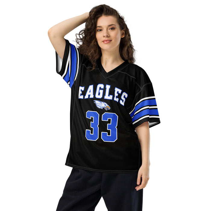 Woman wearing New Caney High School Eagles Football Jersey 33