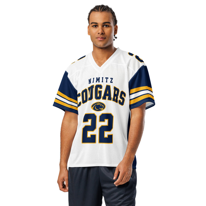 Man wearing Nimitz High School Cougars Football Jersey 22