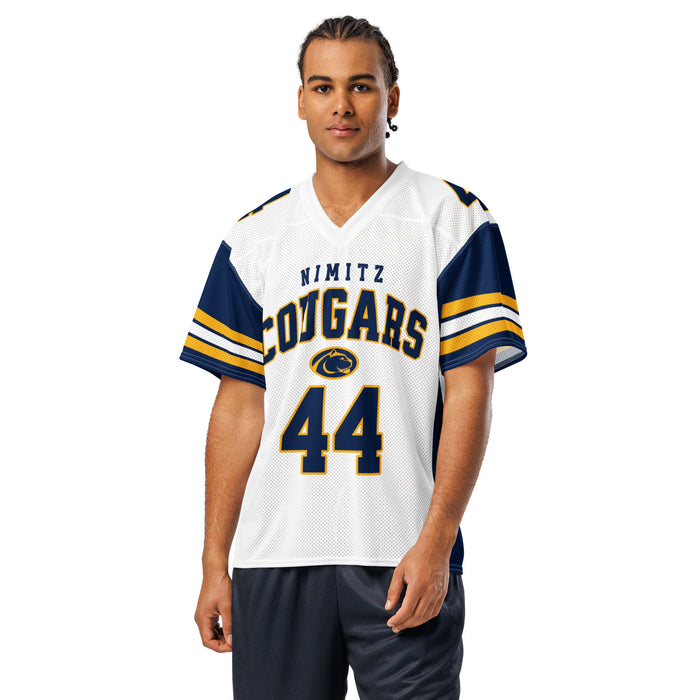 Man wearing Nimitz High School Cougars Football Jersey 44
